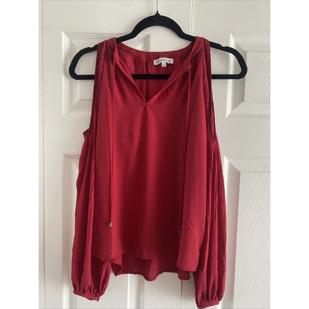 Heartloom Cold Shoulder Pleated Sleeve Blouse Womens Size S Red Boho Chiffon Top